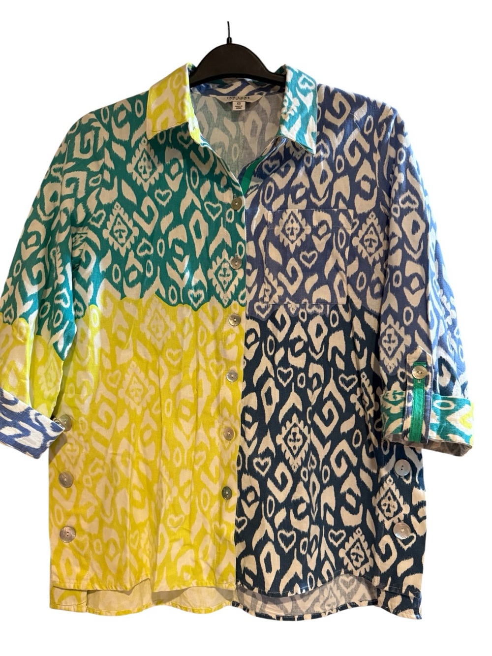 Tru Luxe Jeans Yellow Teal Navy Ikat Button-Down Shirt Size XS